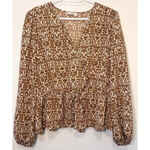 LOFT Brown Ivory Scroll Print Peplum Blouse Women’s Large V-Neck Tie Waist